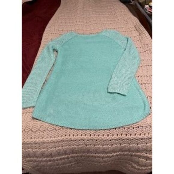 QUINN WOMEN'S SM Aqua Open-Knit Sweater With Asymmetrical Hem Long Sleeve Small - Picture 2 of 12